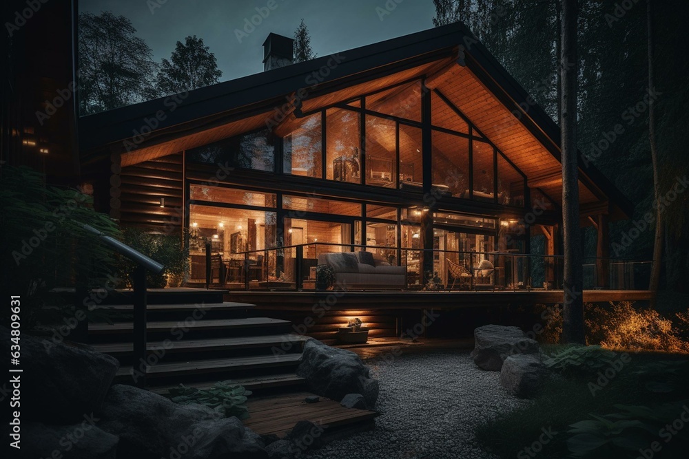 A modern log house with sleek lighting and rich tones. Generative AI