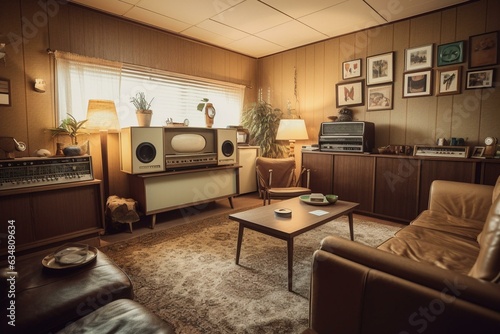 A retro-themed living space from the 1970s. Generative AI