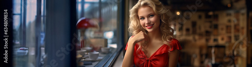 Hübsche blonde Frau mit Locken am Fenster im Lokal lacht Porträt als Querformat für Banner, ai generativ © www.freund-foto.de