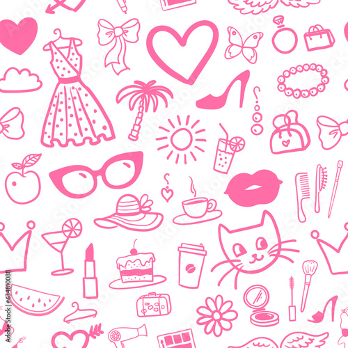 Seamless pattern in pink colors with beauty and fashion doodles