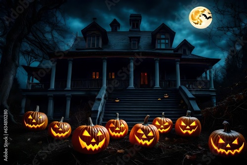 halloween scene horror background with creepy pumpkins of spooky halloween haunted mansion Evil houseat night with full moon photo