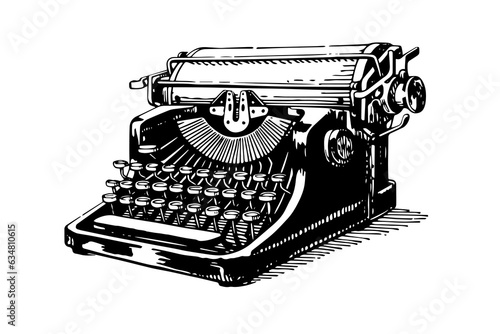 Vector hand drawn illustration of retro typewriter in vintage engraved style