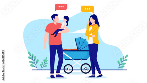 Parent communication - Two parents standing with children and baby stroller talking and having conversation. Flat design vector illustration with white background