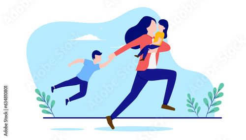 Mother in a hurry - Stresses parent running with children in arms short on time. Flat design vector illustration with white background