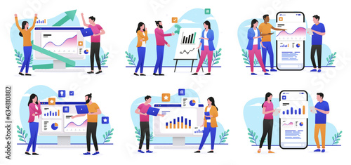 Collection of people working with data and analytics - Team of office characters analysing and working with computer, charts and graphs. Flat design vector illustration with white background