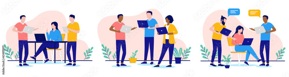 People with computers working collection - Set of vector illustration with diverse businesspeople in office talking and doing work. Flat design with white background