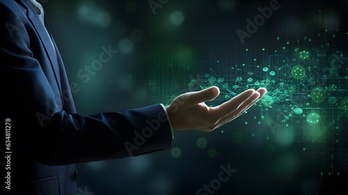 Stylish Graph Interaction: Modern Businessperson Touches Chart in Green Hue