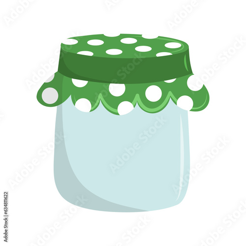 Glass jar with green fabric lid. Home canning. Sour cream and dairy products. Flat vector illustration isolated on white background.