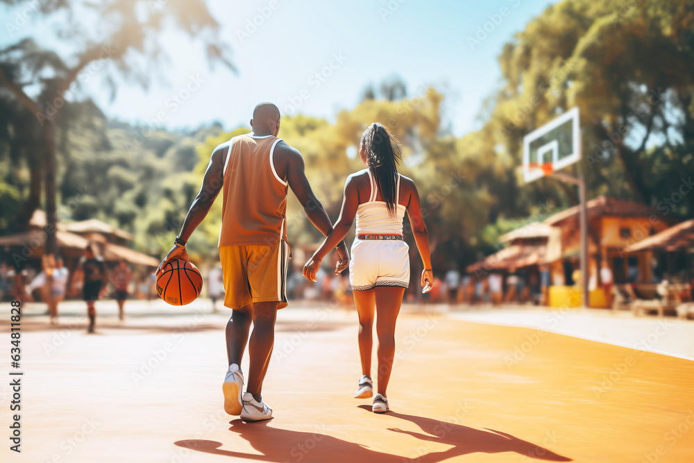 Two African American Man and woman playing basketball back view.
