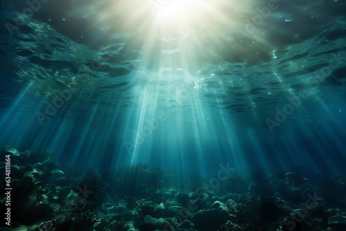 Underwater scene with rays of light coral reef. Generative AI © mr_marcom