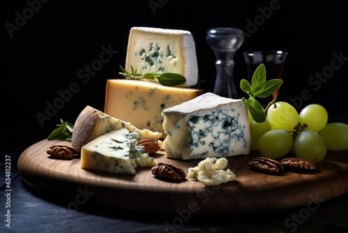 Different types of cheese on wooden table on dark background. Cheese assortment