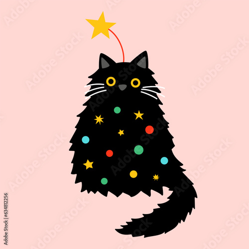 Cute cartoon fat black cat decorated as Christmas tree. Hand drawn vector illustration. Funny winter character card template.