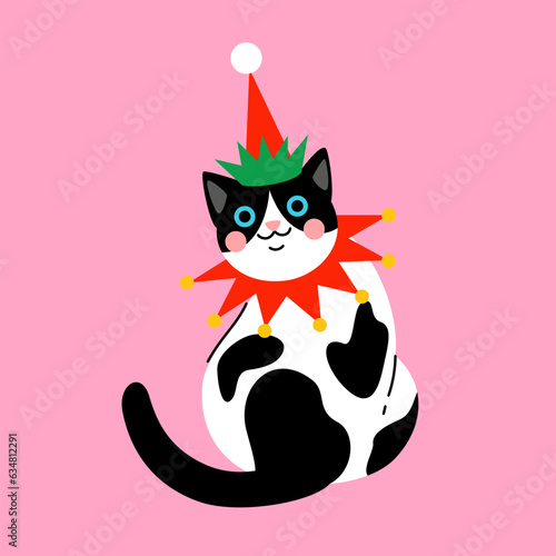 Cute cartoon fat black and white cat wearing a red elf hat. Hand drawn vector illustration. Funny Christmas character card template.