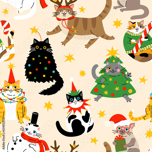 Seamless pattern with Cute cartoon fat cats wearing different Christmas outfits.  Hand drawn vector illustration. Funny xmas background. © Radiocat