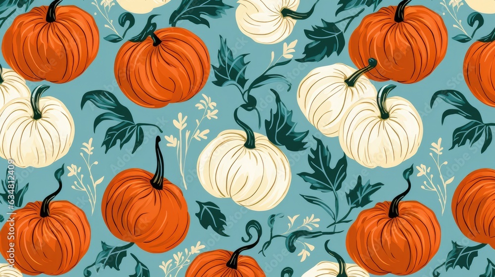 Autumt pattern with pumpkins and leaves on a blue background in vintage style. Autumt pattern with pumpkins and leaves on a blue background in vintage style.