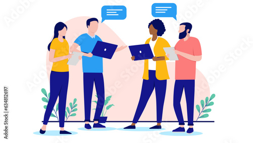 Office people talking - Vector illustration of team of four business characters discussing and having conversation. Flat design on white background