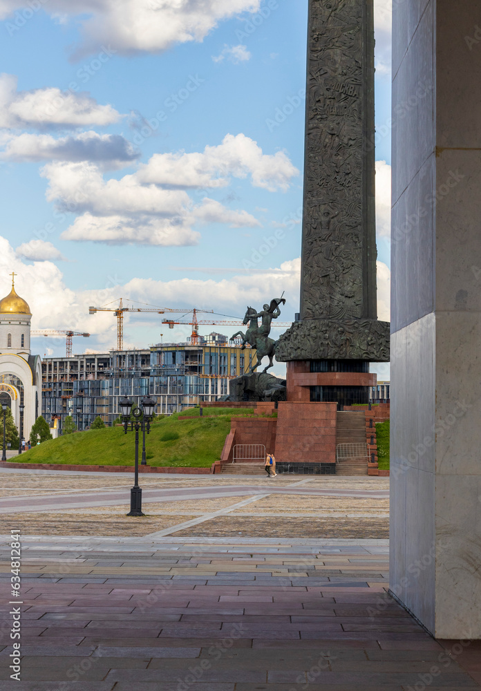 Moscow, Russia - 07.21.2021 -Shot of the monuments on the Victory square located on the Kutuzovskiy Avenue. City