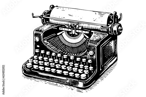 Vector hand drawn illustration of retro typewriter in vintage engraved style