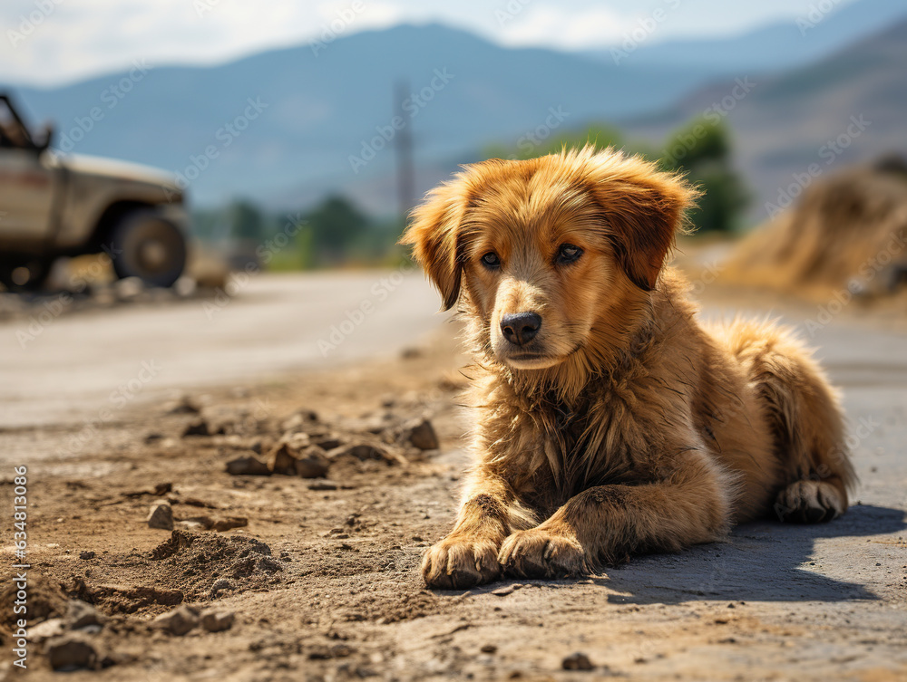 On a lonely summer road, an abandoned dog exudes a sense of sadness, a poignant reminder of solitude amid a season of vacation. Cute puppy abandoned in complete sadness.