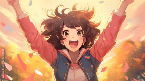 anime style girl celebrating her triumph