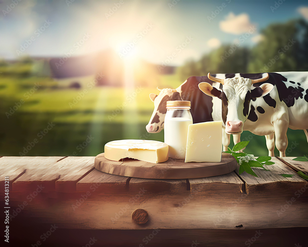 Fototapeta premium Fresh dairy products. Milk, cheese, sour cream. Farm products. Home dairy products. Banner. AI generated