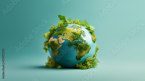 World Earth Day Concept. Planet earth with green leaves on blue background. 