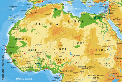 Northern and western Africa highly detailed physical map