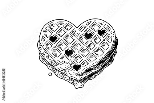 Waffles heart shaped hand drawn ink sketch. Engraving style vector illustration.