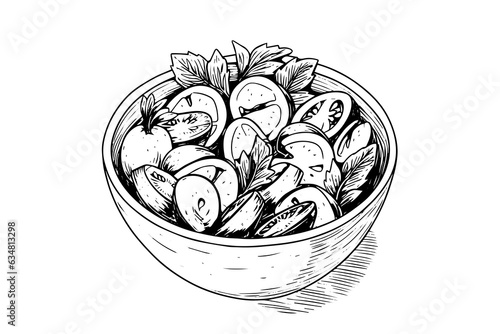 Bowl vegetables salad ink sketch hand drawn. Engraving style vector illustration.