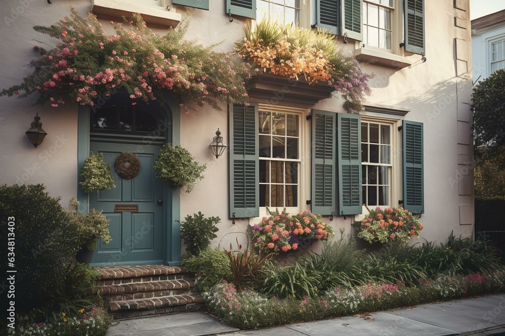 Exterior of a Charleston house with wall siding, architecture, sidewalk, and vibrant flowers in planter. Generative AI