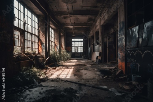 Desolate urban landscape in deserted factory with deteriorating walls. Generative AI