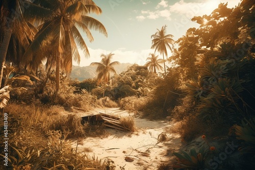 Retro tropical landscape in warm colors. Generative AI © James