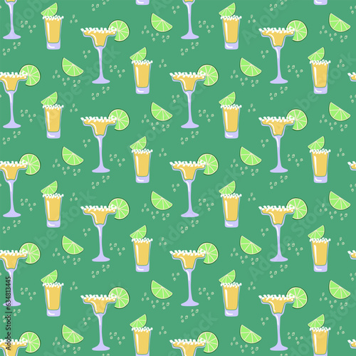 Flat minimalistic tequila cocktails pattern. Two types of tequila cocktails with lime and salt. Cut out elements on green background. Ideal for decoration, textile, wrapping, background, home decor