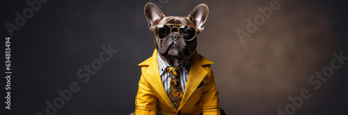 Bulldoge als Boss mit Anzug und Brille für Poster und Banner in Querformat, ai generativ © www.freund-foto.de