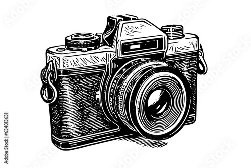 Modern photo camera in engraving style. Vector retro hand drawn illustration.