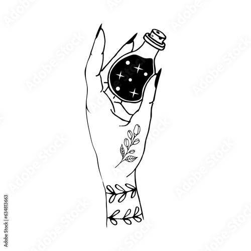 witch hand holding potion bottle, hand drawn doodle, vector illustration