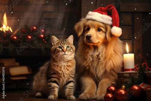 cat and dog wearing adorable Santa Claus outfits while sitting side by side next to a festively adorned fireplace © PinkiePie
