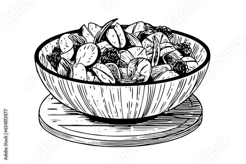 Bowl vegetables salad ink sketch hand drawn. Engraving style vector illustration.
