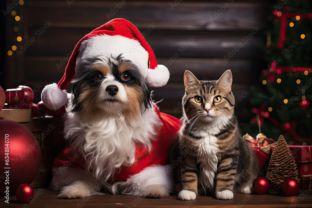 cat and dog wearing adorable Santa Claus outfits while sitting side by side next to a festively adorned fireplace cat and dog wearing adorable Santa Claus outfits while sitting side by side next to a festively adorned fireplace