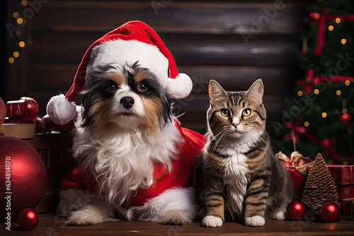 cat and dog wearing adorable Santa Claus outfits while sitting side by side next to a festively adorned fireplace