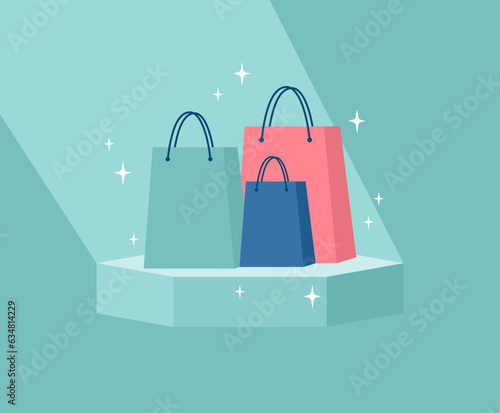 Glowing shopping bags on a pedestal under a beam of light. Flat vector illustration