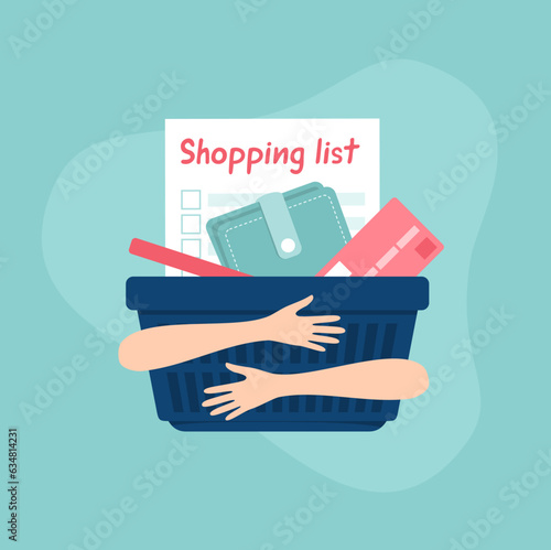 Two hands hugging a supermarket basket with a shopping list, a wallet and a credit card inside. Vector flat illustration