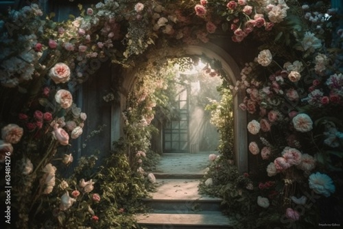 A beautiful floral archway frames an elegant portal in a forest that looks straight out of a fairy tale. Generative AI © Milana