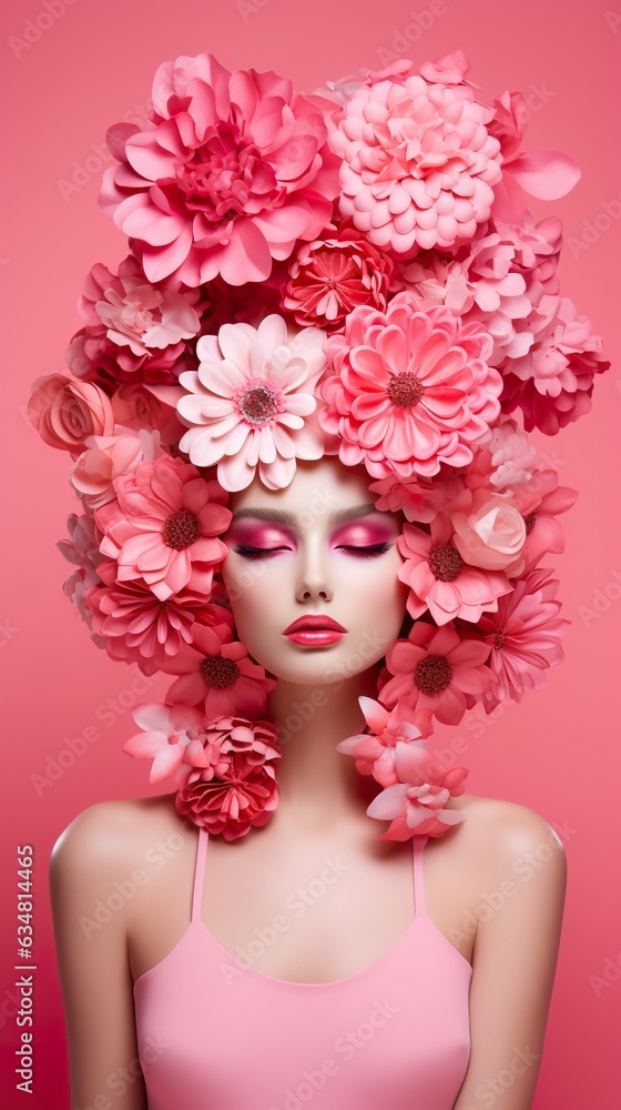 beautiful young female with flowers in hair on pink background, beauty concept, generative, ai