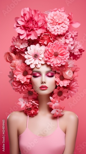 beautiful young female with flowers in hair on pink background  beauty concept  generative  ai