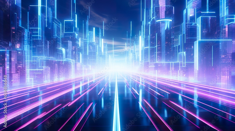 futuristic glowing neon city, cyberpunk purple and blue colours, future speedway or highway concept, tech design, generative ai futuristic glowing neon city, cyberpunk purple and blue colours, future speedway or highway concept, tech design, generative ai