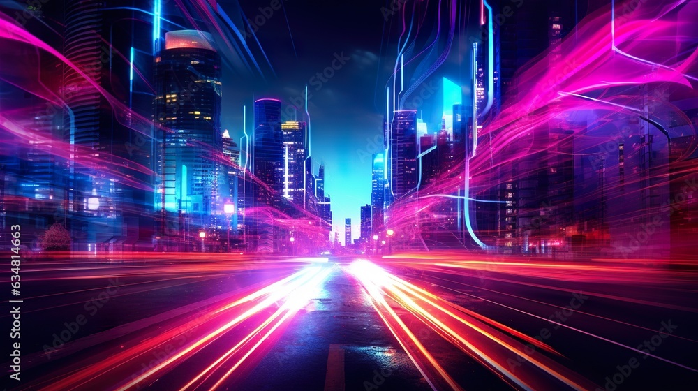 futuristic glowing neon city, cyberpunk purple and blue colours, future speedway or highway concept, tech design, generative ai futuristic glowing neon city, cyberpunk purple and blue colours, future speedway or highway concept, tech design, generative ai