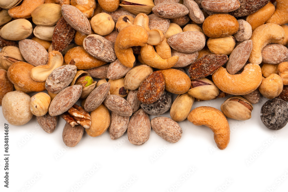 A group of almonds, pistachios, walnuts, macadamia, cashews. A group of almonds, pistachios, walnuts, macadamia, cashews.