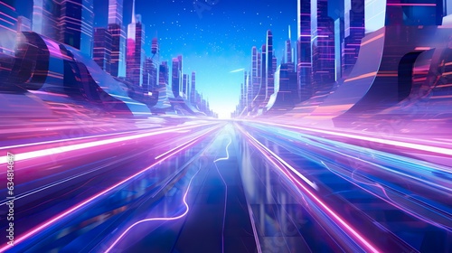 futuristic glowing neon city  cyberpunk purple and blue colours  future speedway or highway concept  tech design  generative ai