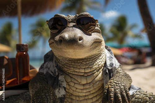 Vacation rest in hot country beach concept. Relaxed funny crocodile alligator in sunglasses sunbathing at seaside resort and wear Hawaiian shirt lounging on deck chair. Generative AI Technology photo